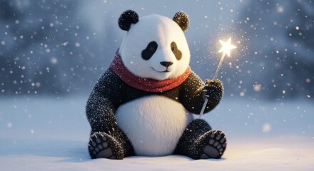 Cute Panda Holding Sparkler in Snowy Forest