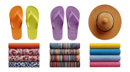 Colorful Summer Accessories with Flip Flops, Towels, and Hat Isolated