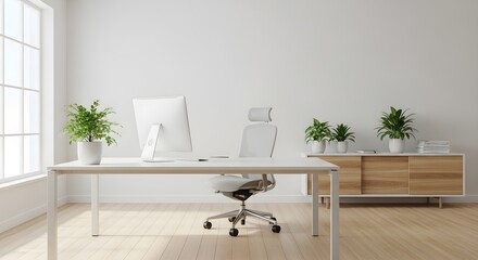 Modern minimalist office interior with white desk computer ergonomic chair and potted plants