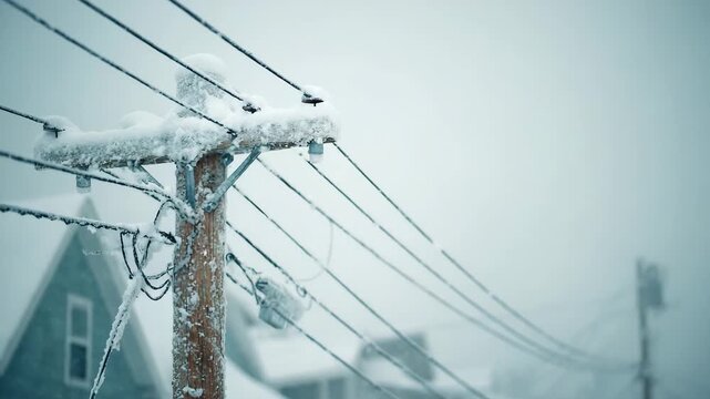 Frozen power lines encased in snow during a winter storm over a quiet neighborhood.