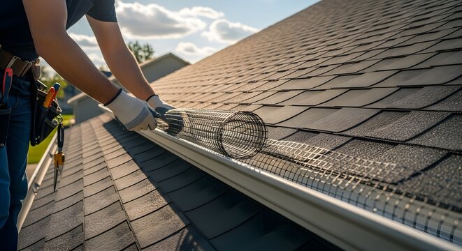 Roofer installing gutter guard on a shingled roof, wearing gloves.