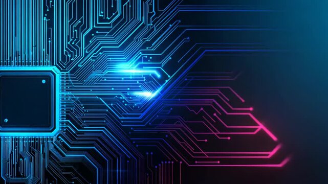 Abstract animation of a circuit board with glowing lines of blue and pink light flowing across it - Powered by Adobe