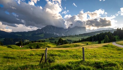 Panoramic vista of green meadow, winding road, distant mountains under a dramatic sky with clouds and sunlight
