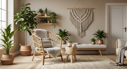 Cozy living room with natural light rattan chair houseplants and macrame wall hanging