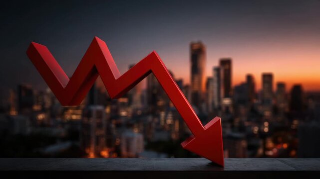 Red downward arrow graph with city skyline background at sunset symbolizing financial decline economic downturn loss urban environment and financial decline economic loss in urban setting at sunset