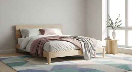 Modern wooden bed with layered bedding and decorative throw blankets beside a window