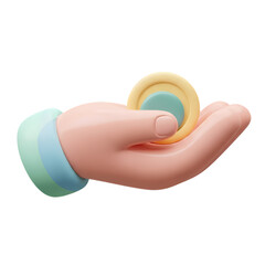 3D Render: Hand Holding a Coin -  Financial Transaction Icon, Payment, Currency, Investment, Banking, Business Asset
