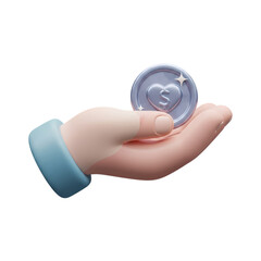 3D Render: Hand Holding a Coin -  Financial Transaction Icon, Payment, Currency, Investment, Banking, Business Asset