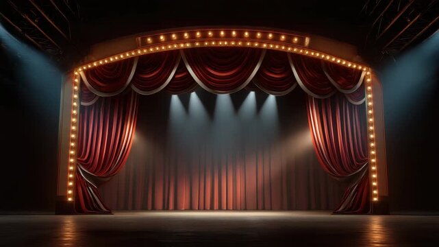 Red curtain stage spotlight theater vintage performance illuminated frame dark background classic dramatic lighting wooden floor theatrical ambiance empty stage design