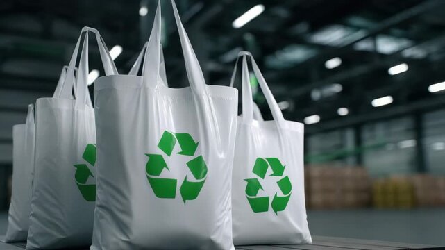 Reusable white shopping bag with green recycling symbol promoting eco friendly sustainable environment modern warehouse setting combining eco friendly shopping bag and sustainable green practices