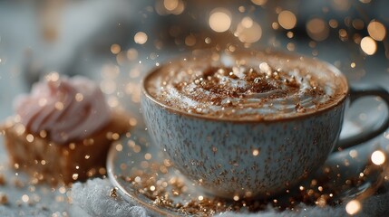 Aesthetic cappuccino cup with dessert glowing under dreamy golden light, surrounded by sparkles and cozy modern cafe atmosphere, perfect for lifestyle, happiness, and elegant coffee moments