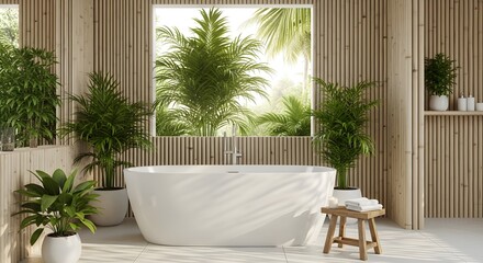 Modern spa bathroom with freestanding tub lush green plants and bamboo wall paneling