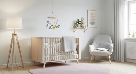 A minimalist nursery room featuring a wooden crib armchair floor lamp and wall