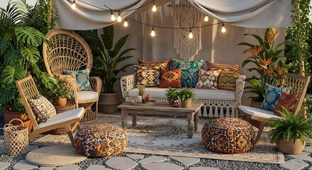 Cozy boho outdoor seating area with string lights plush pillows and lush tropical plants