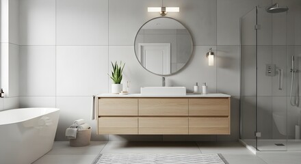 Modern bathroom with freestanding tub floating wood vanity circular mirror and glass shower enclosure