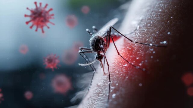 Mosquito virus close up showing red skin bite infection disease with blood and insect parasite transmission microscopic pathogen vector tropical pest biology outdoor health illness medical risk