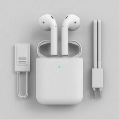 AI inspired minimalism product shot of next generation wireless earbuds on a pure white seamless background with futuristic clean reflections.