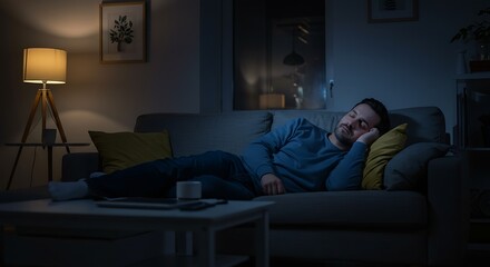 Man sleeping on sofa at night