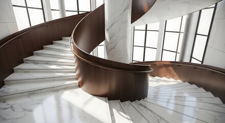 A modern spiral staircase with marble steps and a dark wood railing against a backdrop of large windows