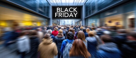 A bustling crowd gathers in a shopping mall for Black Friday sales, with a large sign displaying "BLACK FRIDAY" prominently in the background.