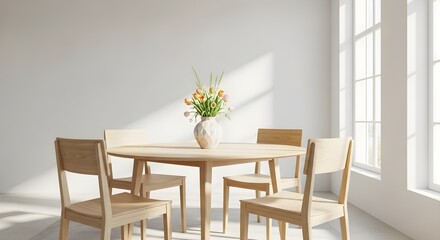 Light wooden dining table with chairs and vase of flowers by large window