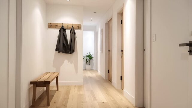 木製の床にシンプルなベンチと壁掛けコートラックが配置されたミニマルな廊下。自然光や明るい照明で清潔感があり、モダンで実用的なデザインを演出します。
