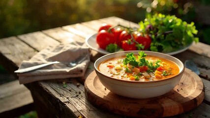 素朴な木製テーブルの上に、温かいスープと新鮮なサラダを並べたシンプルで健康的な夕食。自然光や温かみのある照明に包まれ、心地よい雰囲気を演出します。