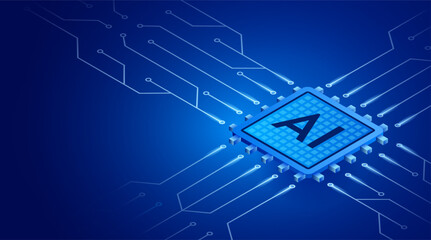 Artificial Intelligence Semiconductor, Ai Chip Innovation Backgrounds, Big Data Technology Network Template Banner. Neon Abstract Electricity Glow Line Blue Networking. Futuristic 3D Isometric Vector