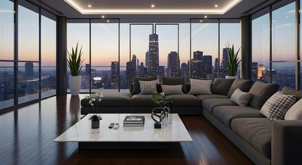 Modern living room with panoramic city views at sunset featuring a sectional sofa and marble coffee table