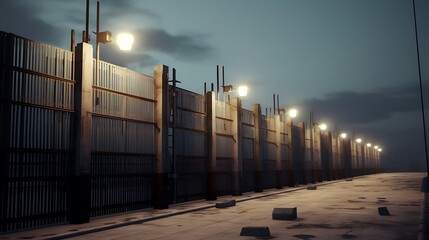 Urban perimeter with metal security fence illuminated by streetlights on an overcast evening