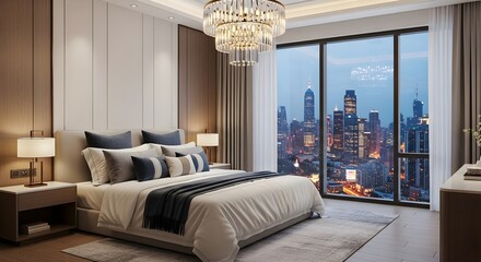 Luxurious bedroom with city skyline view at night featuring a king size bed and crystal chandelier