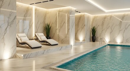 Luxurious indoor swimming pool area with white chaise lounges marble walls and ambient lighting
