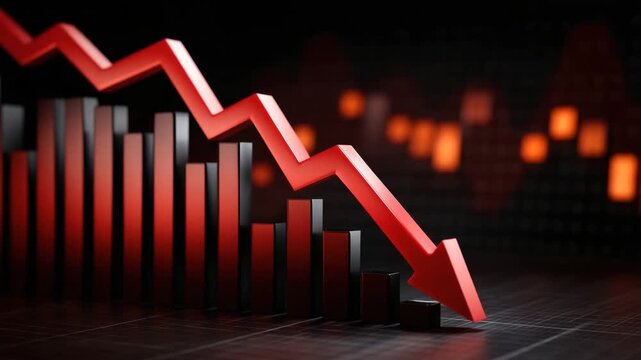Red downward arrow with black bar chart showing financial decline and economic downturn, symbolizing negative market trend and graph of economic growth decline with glowing elements in dark background