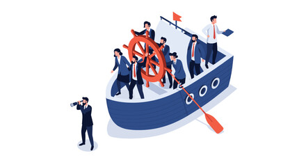 Team of professionals steering a ship towards a bright future.