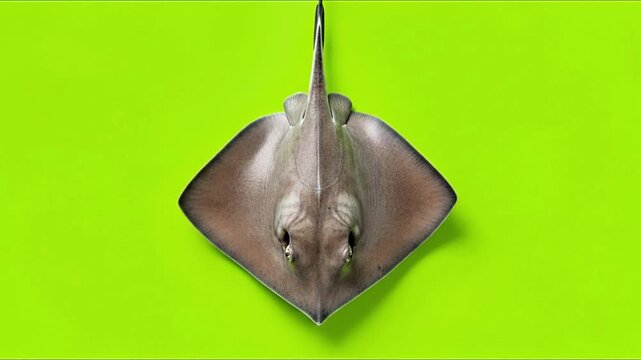 A top-down view of a stingray with its wings spread wide against a vibrant lime green background. - Powered by Adobe