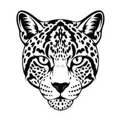 Symmetrical black and white graphic illustration of a fierce leopard head with a spotted coat.