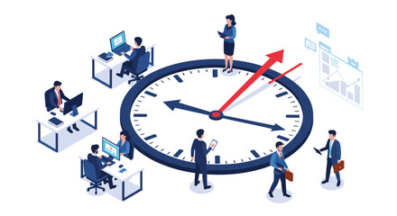 Efficiently managing time in a modern office environment with a large clock and busy professionals.