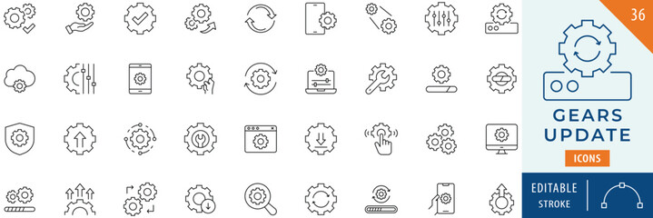 Gears update icon collection set. Editable stroke.