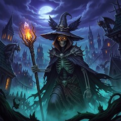 Grim Necromancer Haunting a Spooky Halloween Village at Night