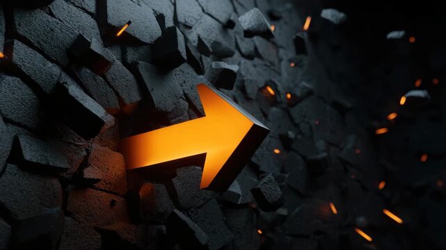 Glowing orange arrow breaking through cracked wall with flying debris and sparks symbolizing dynamic energy and breakthrough in dramatic scene full of power and progress