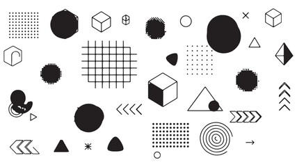 Set of lots of vector geometric shapes. Memphis trendy graphic elements. Template for your project, advertising, banner, poster, t-shirt