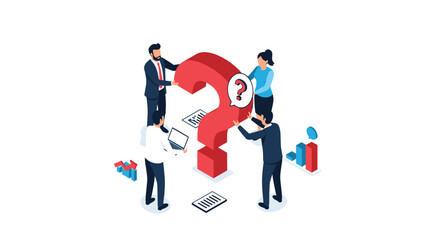 Brainstorming team members collaborate to solve a giant red question mark problem.