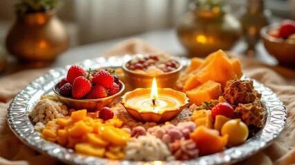 Vibrant kartik purnima celebrations traditional indian thali with lit diya sweets and fruits for sacred rituals and auspicious offerings for dev diwali guru nanak jayanti deep daan shiva vishnu