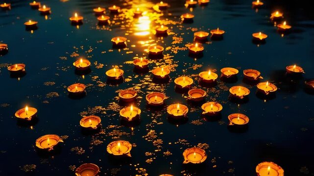 Numerous glowing earthen oil lamps floating on water during kartik purnima festival symbolizing hope devotion and spiritual light for dev diwali guru nanak jayanti deep daan shiva vishnu