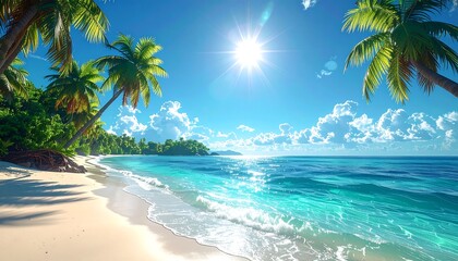 Fototapeta premium Stunning Tropical Beach Paradise with Palm Trees.