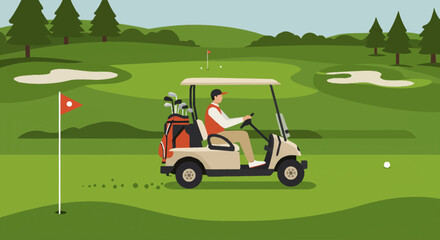 Golf cart driving on a green golf course with a ball, flag, and trees under the sun