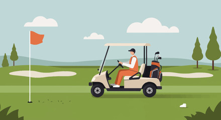 Vector illustration of a man driving a golf cart on a scenic green course with a flag and trees in the background © ifkar