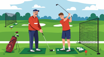 An older experienced golfer teaching a young man the fundamentals of the swing at a driving range, a scene of mentorship and sport