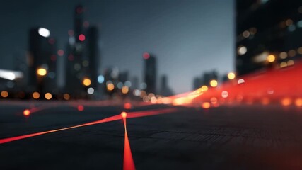 Red laser beam glowing light technology in urban city night with futuristic digital network connection and dynamic glowing points crossing dark surface and blurred skyscrapers - Powered by Adobe