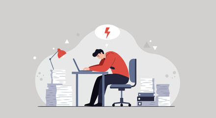 Flat vector illustration of a professional experiencing severe burnout at a desk, overwhelmed by a heavy workload, symbolizing exhaustion, workplace stress, and mental fatigue